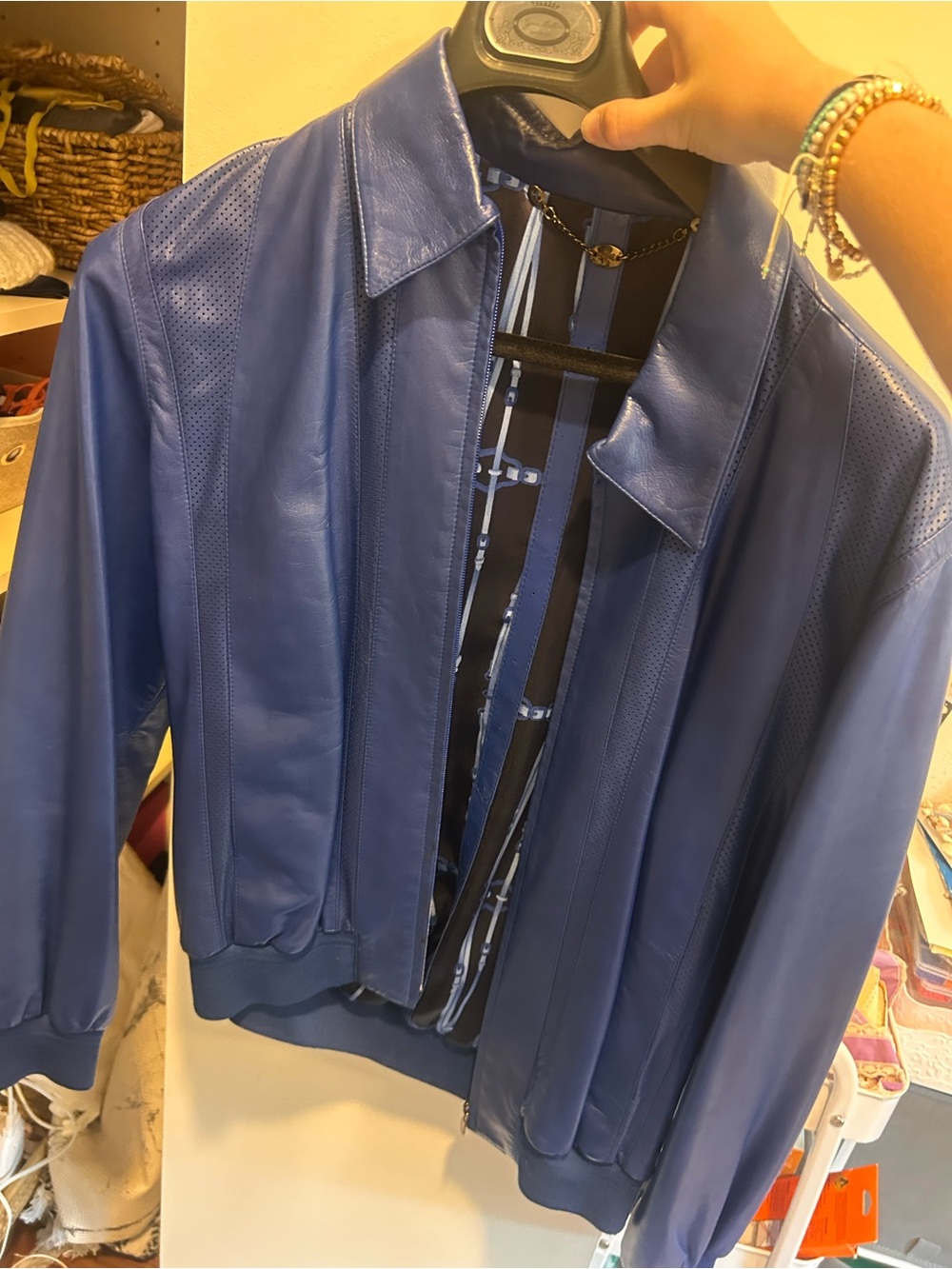 Men's Blue Leather Bomber Jacket with Perforated Paneling